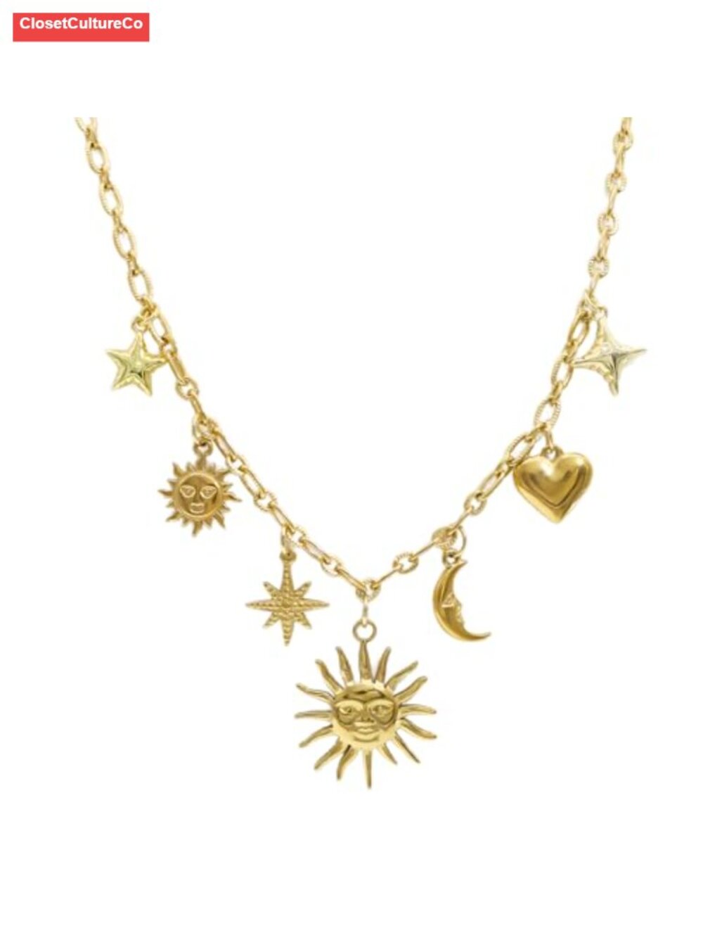 Chunky Antique Heart Charm Necklace Sun Star Sea Shell Starfish Layers Boho